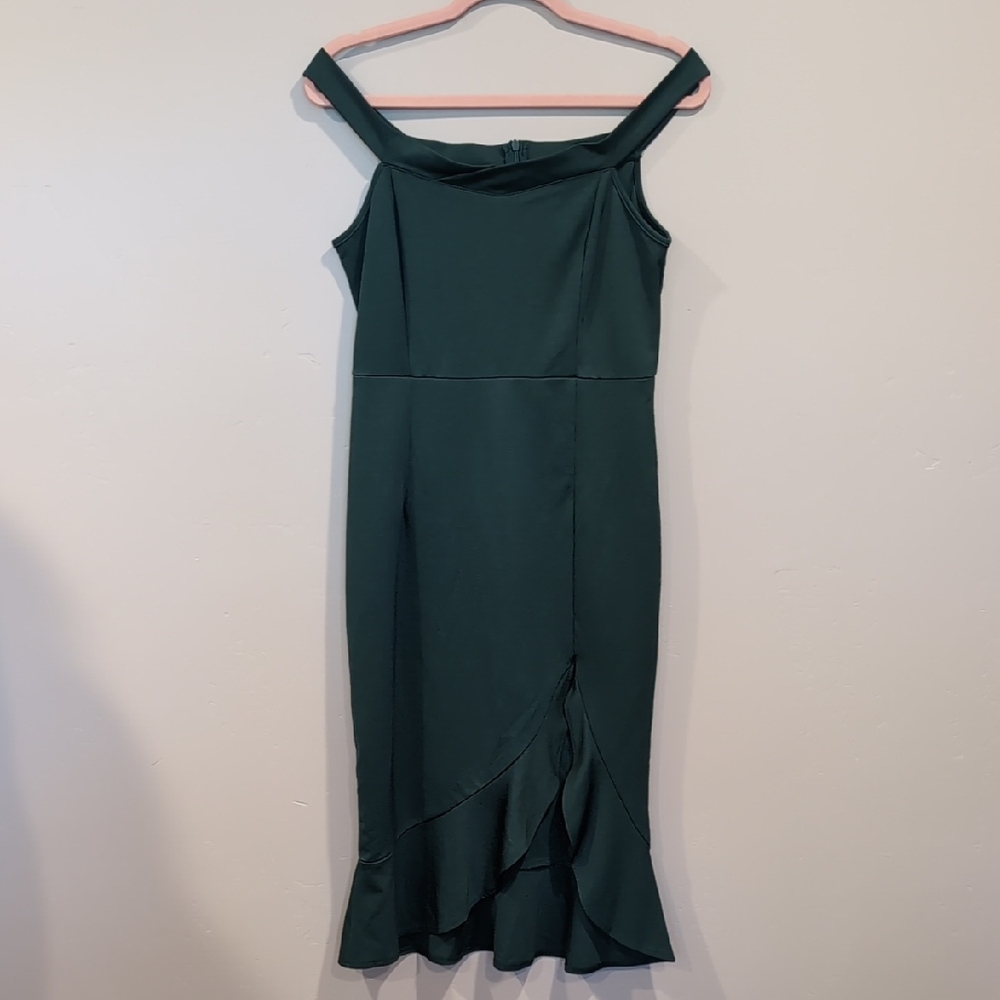 SHEIN Green Sweetheart Off Shoulder Ruffle Hem Midi Dress With Slit Size Medium - Picture 7 of 11